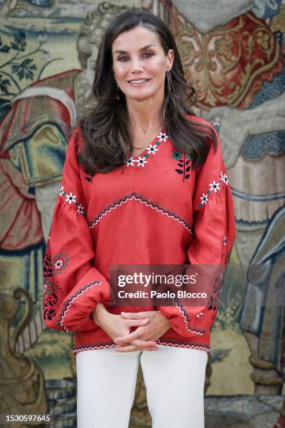 Queen Letizia of Spain attends several audiences at Zarzuela Palace on July 10, 2023 in Madrid, Spain.