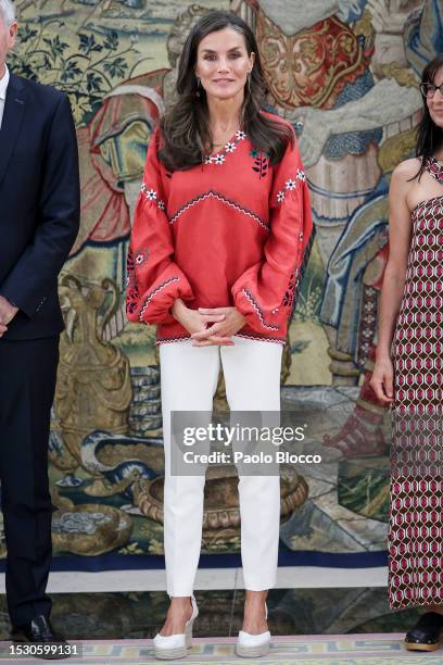 Queen Letizia of Spain attends several audiences at Zarzuela Palace on July 10, 2023 in Madrid, Spain.