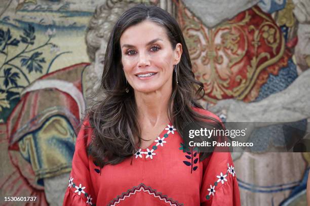 Queen Letizia of Spain attends several audiences at Zarzuela Palace on July 10, 2023 in Madrid, Spain.