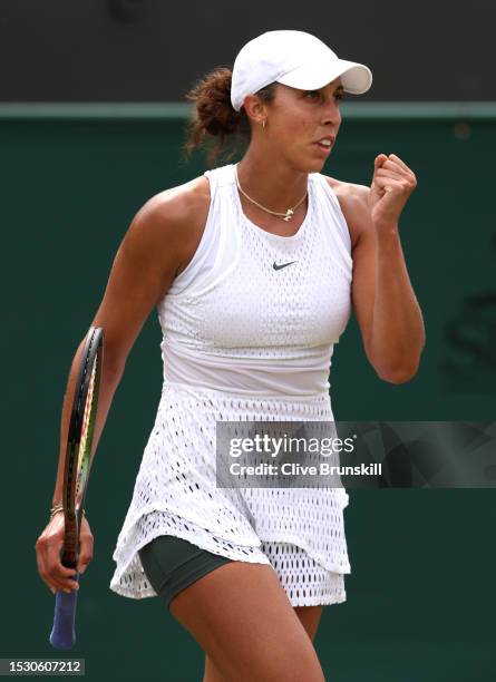 Madison Keys of United States celebrates against Mirra Andreeva in the Women's Singles fourth round match during day eight of The Championships...