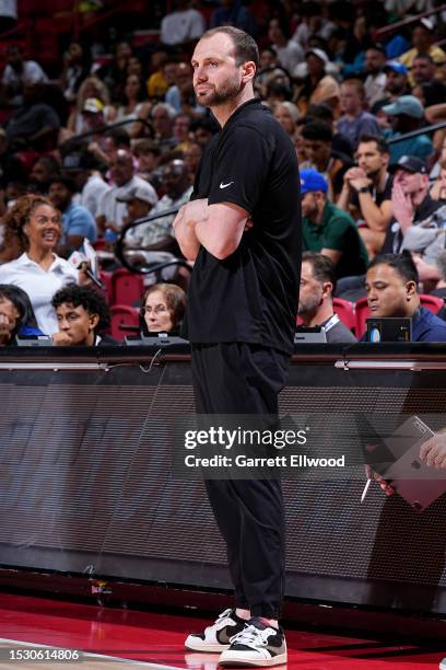 Head Coach Trevor Hendry of the Brooklyn Nets looks on during the game against the Toronto Raptors during the 2023 NBA Las Vegas Summer League on...