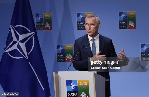 Secretary General Jens Stoltenberg speaks to the media prior to the 2023 NATO Summit on July 10, 2023 in Vilnius, Lithuania. The summit is bringing...