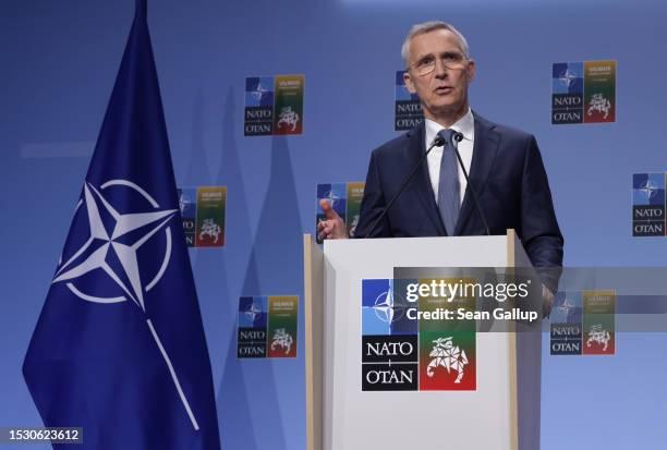 Secretary General Jens Stoltenberg speaks to the media prior to the 2023 NATO Summit on July 10, 2023 in Vilnius, Lithuania. The summit is bringing...