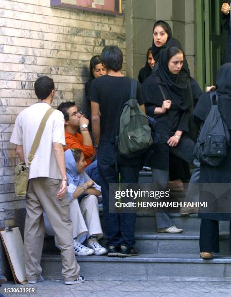 Iranian students gather at the Fine Art Azad University campus in Tehran 30 October 2002. Iran's female students have for the fourth year running...