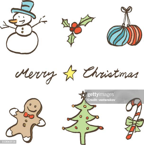 sketch style christmas element icons - gingerbread man sketch stock illustrations