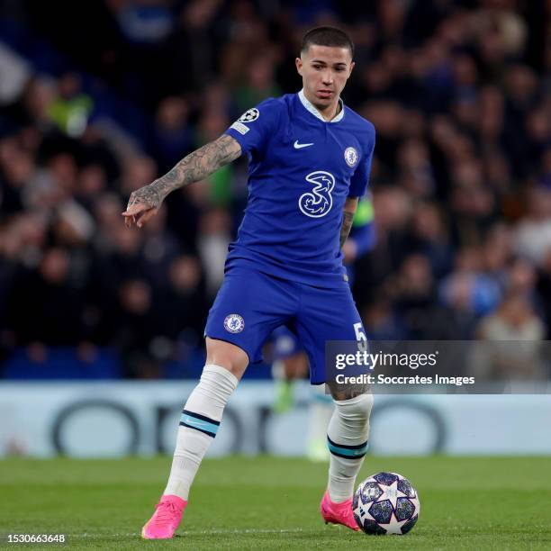 Enzo Fernandez of Chelsea FC during the UEFA Champions League match between Chelsea v Real Madrid at the Stamford Bridge on April 18, 2023 in London...