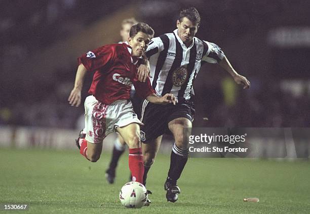 Robert Lee of Newcastle gives chase after Juninho of Middlesbrough during the FA Carling Premier league match between Newcastle United and...