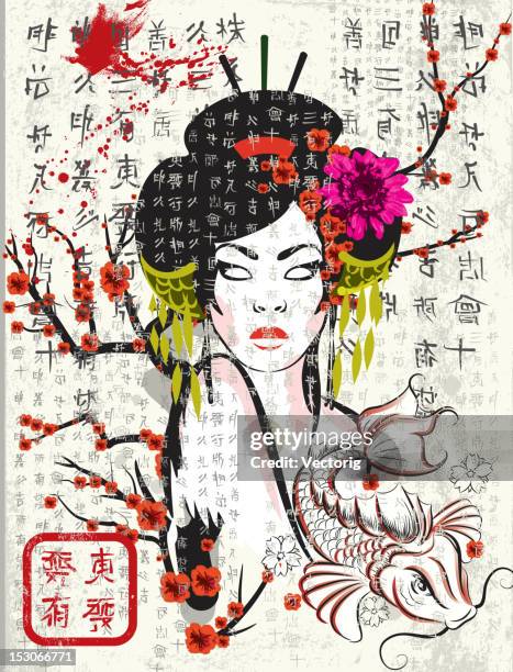 illustrations, cliparts, dessins animés et icônes de art japonais - femme tatouée