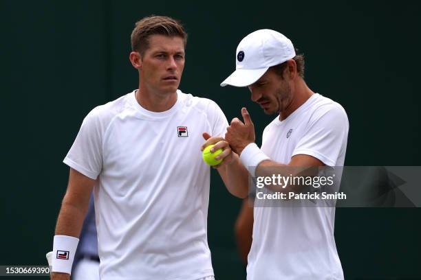 Wesley Koolhof of Netherlands and partner Neal Skupski of Great Britain interact against Rinky Hijikata of Australia and Jason Kubler of Australia in...