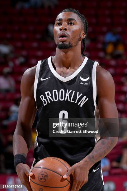 David Duke Jr. #6 of the Brooklyn Nets prepares to shoot a free throw during the game against the Toronto Raptors during the 2023 NBA Las Vegas...