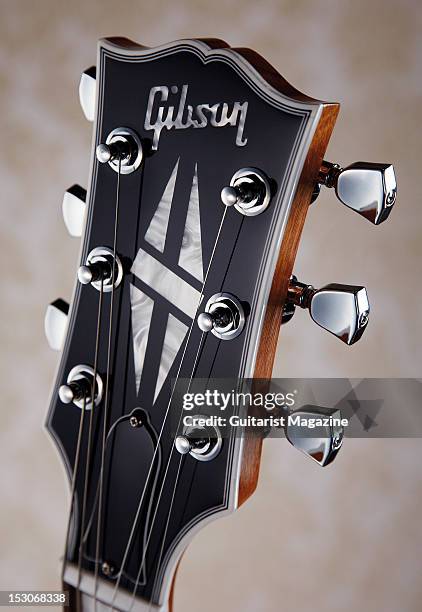 The headstock of a Gibson Les Paul Classic Custom electric guitar, during a studio shoot for Guitarist Magazine/Future via Getty Images, February 1,...