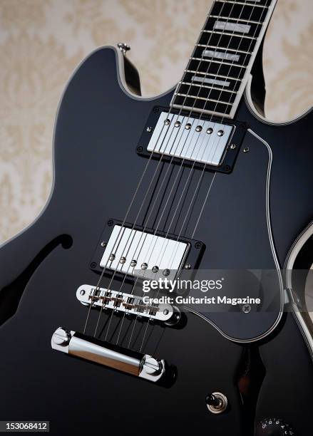 Close-up of a Gibson Midtown custom electric guitar, during a studio shoot for Guitarist Magazine/Future via Getty Images, February 1, 2012.