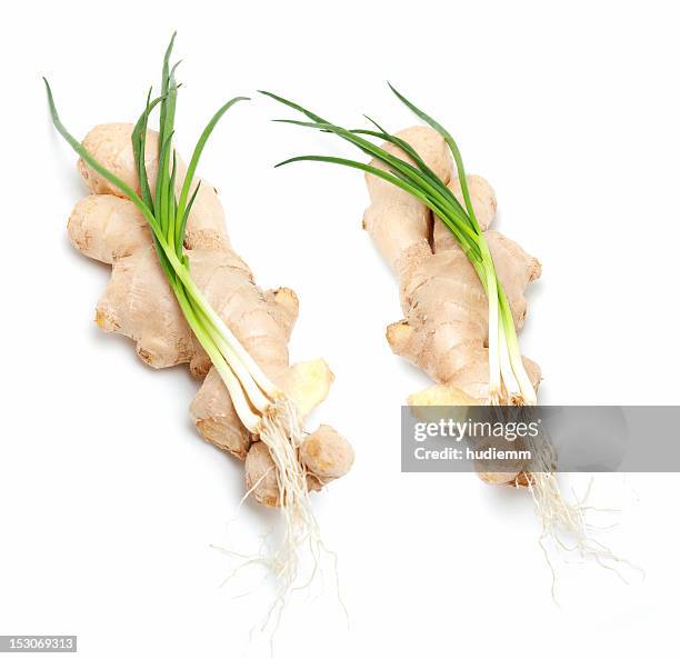 ginger and spring onion isolated on white background - bosui stockfoto's en -beelden