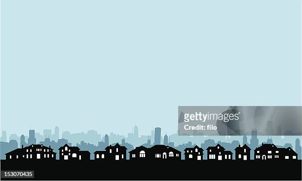 illustrazioni stock, clip art, cartoni animati e icone di tendenza di area residenziale skyline - sagoma controluce