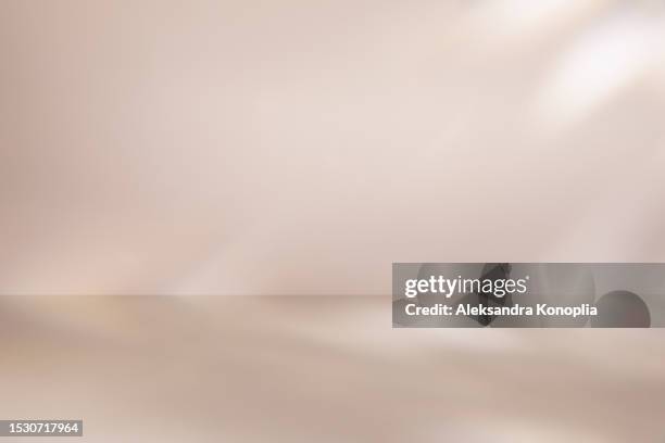 dreamy pink beige, pastel nude colored display background with disco crystal caustic light effect. empty 3d stage template. trendy natural colors - fondo beige fotografías e imágenes de stock