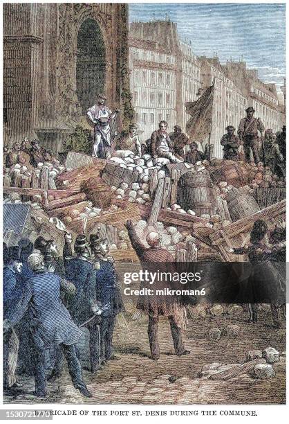 old engraved illustration of barricade of the port st. denis during the commune, paris - barricade photos et images de collection