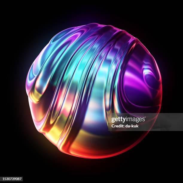 abstract wavy sphere on black background. modern iridescent colours - metallic pattern stock pictures, royalty-free photos & images