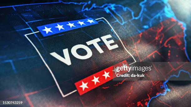 vote - usa election. waving flag with usa map and election message - regional election imagens e fotografias de stock