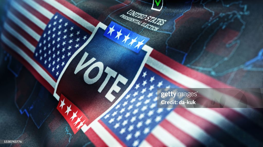 Vote - USA Election. Waving flag with USA map and Election Message