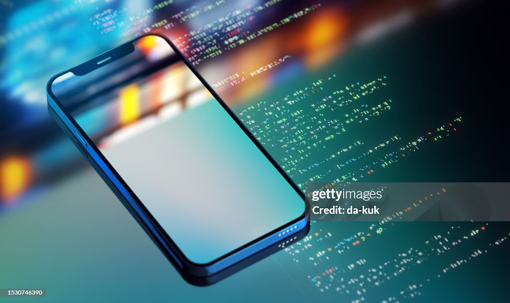 Modern smart phone with empty screen on digital background with program code. CGI 3D render