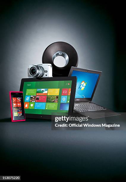 Selection of the most desirable Windows hardware. Nokia Lumia 800 smartphone, tablet computer, Olympus Pen E-P3 camera, Philips Fidelio SoundRing...