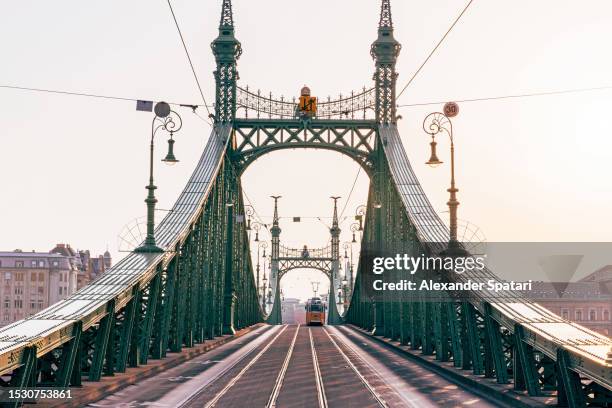 liberty bridge and old yellow tram in the morning, budapest, hungary - budapest bridge stock pictures, royalty-free photos & images