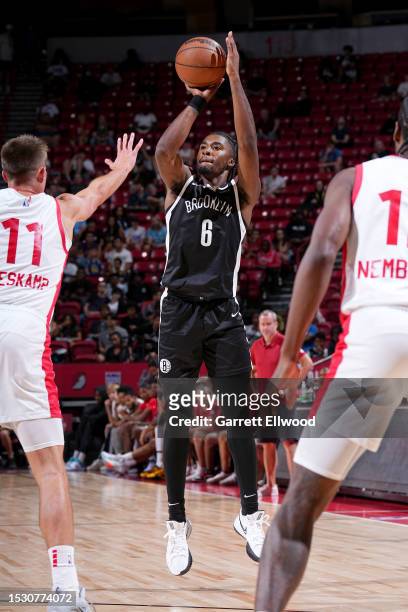 David Duke Jr. #6 of the Brooklyn Nets shoots a three point basket during the game against the Toronto Raptors during the 2023 NBA Las Vegas Summer...