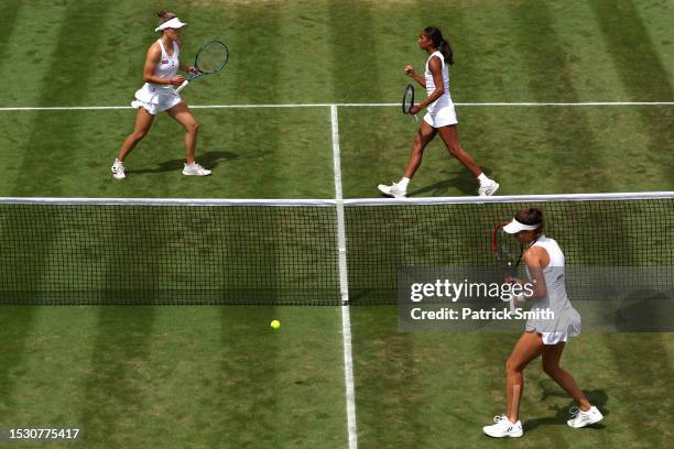 Naiktha Bains of Great Britain and Maia Lumsden of Great Britain celebrate against Viktoria Hruncakova of Slovakia and Tereza Mihalikova of Slovakia...