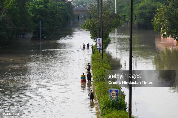 View of the flooded Ring Road near ISBT after a rise in the level of Yamuna River following the Monsoon rains on July 13, 2023 in New Delhi, India.