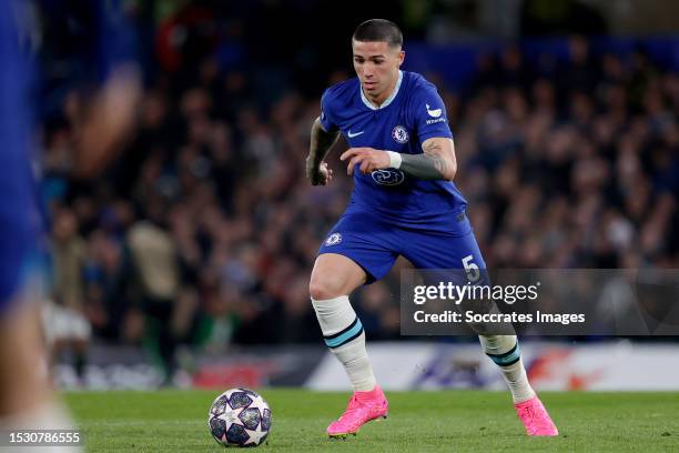 Enzo Fernandez of Chelsea FC during the UEFA Champions League match between Chelsea v Real Madrid at the Stamford Bridge on April 18, 2023 in London...