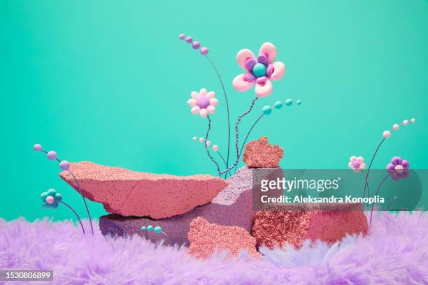 abstract 3d stage with fluffy purple fur carpet, cute kawaii flowers,  and pastel pink colored rocks podium on solid green mint, turquoise, background - podium mode stock-fotos und bilder
