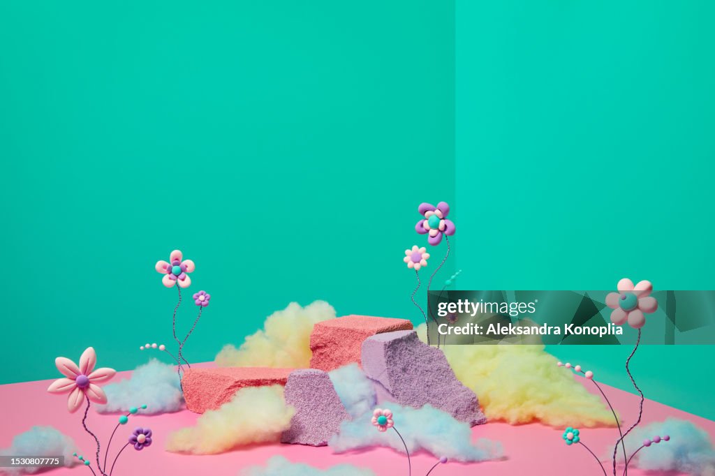 Abstract 3d stage corner with cute kawaii flowers, colorful cotton candy and empty pastel purple and coral colored rocks podiums on green mint, turquoise, pink solid background