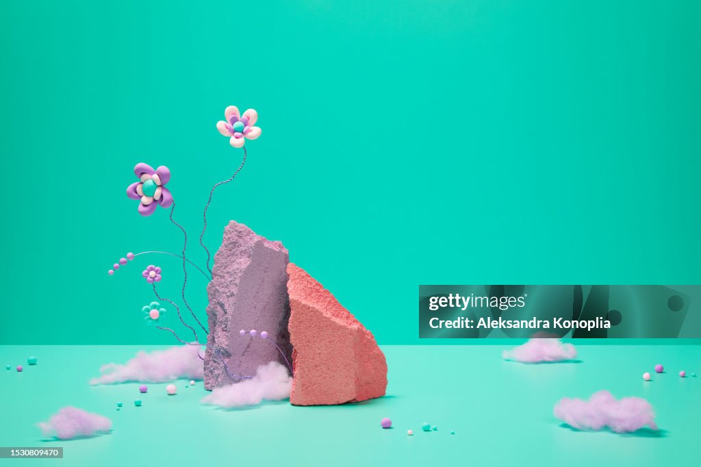Abstract 3d stage with cute kawaii flowers, pink cotton candy and empty pastel purple and coral colored rocks podiums on green mint, turquoise, pink solid background with copy space