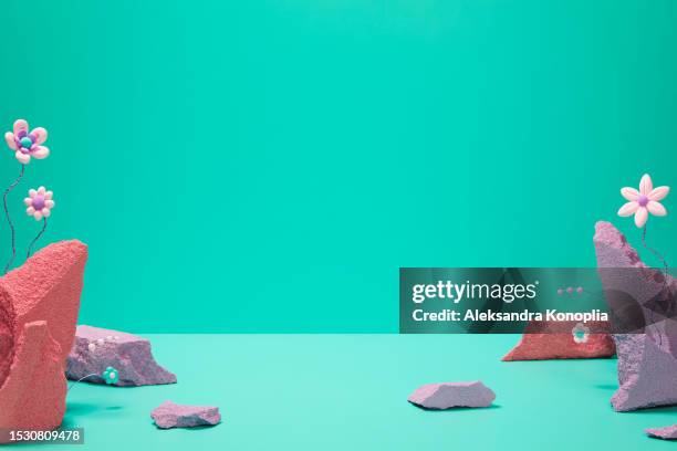 abstract 3d stage with cute kawaii flowers, pastel purple and pink colored rocks on solid green mint, turquoise, pink background with copy space - clay stock-fotos und bilder