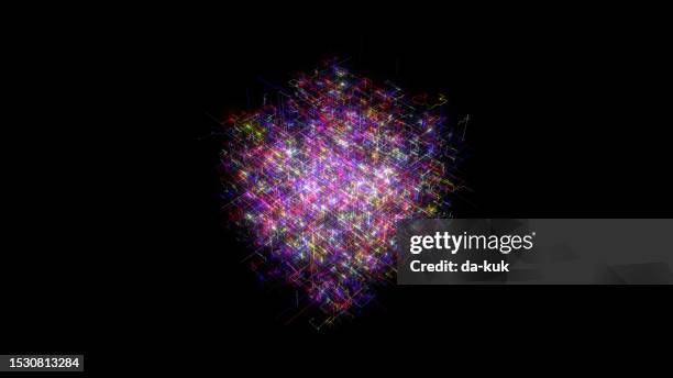 futuristic network cube shaped on black background. 3d render - glowing cube stock pictures, royalty-free photos & images