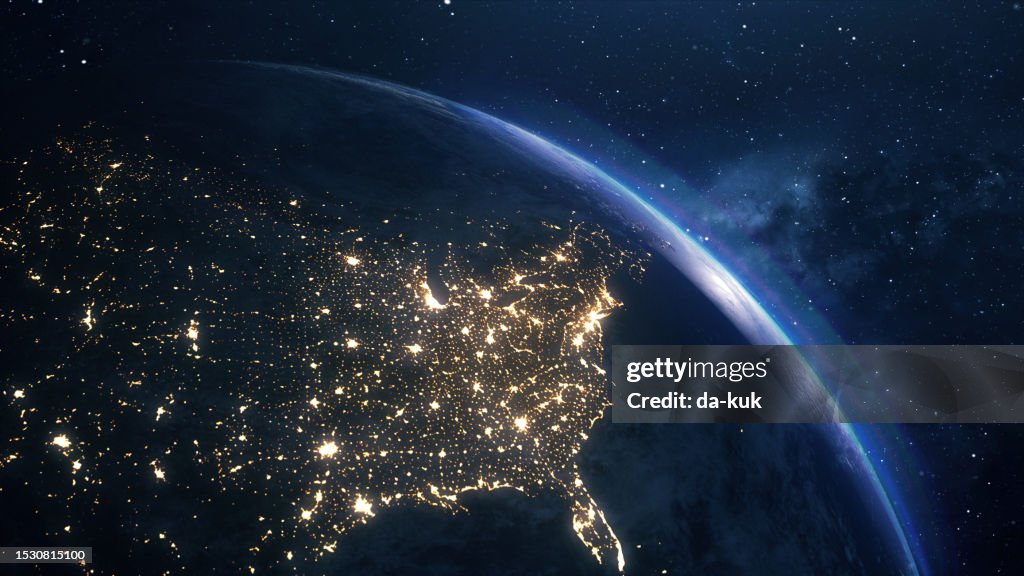 Les États-Unis vus de l’espace la nuit. Cartes lumineuses des États-Unis. Rendu 3D.