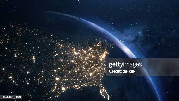 usa seen from space at night. glowing maps of usa. 3d render. - usa globe stock pictures, royalty-free photos & images