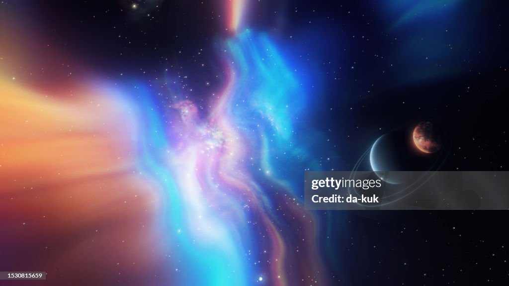 Volando en el espacio exterior a través de la aurora. Planetas y estrellas vistos en el bakcground