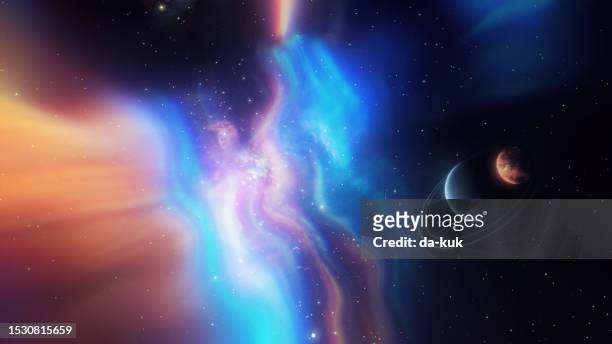 flying in outer space through aurora. planets and stars seen on the bakcground - copyspace stockfoto's en -beelden