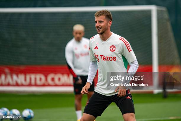 Mason Mount of Manchester United in action during a first team training session at Carrington Training Ground on July 10, 2023 in Manchester, England.