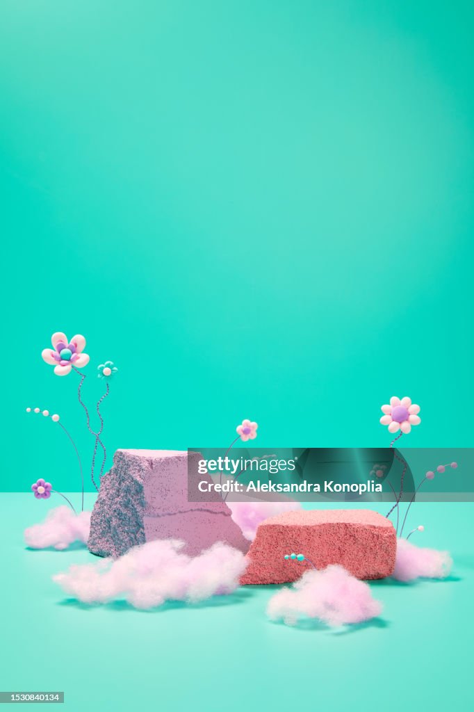 Abstract 3d stage with cute kawaii flowers, pink cotton candy and empty pastel purple and coral colored rocks podiums on green mint, turquoise, pink solid background with copy space