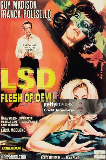 An American poster for an Italian film 'LSD - Inferno per pochi dollari' about lysergic acid diethylamide and crime, 1967.