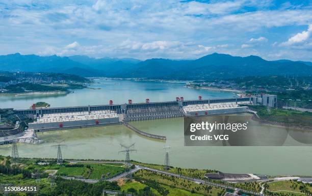 Aerial view of the Three Gorges Dam on the Yangtze River on July 10, 2023 in Yichang, Hubei Province of China.