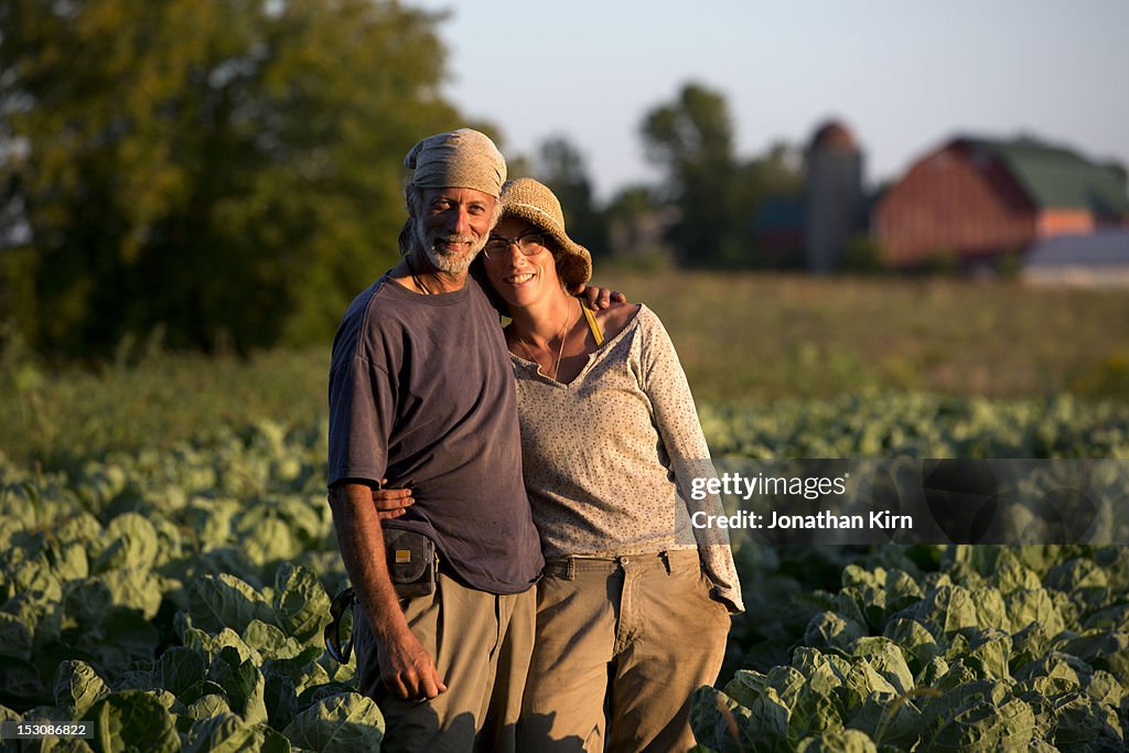 Owners of a farm stand in a crop of broccoli.