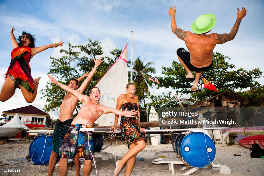 Raft building on the beach.