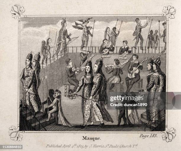 masque a form of festive courtly entertainment, 16th to 17th century which involved music, dancing, singing and acting, within an elaborate stage design - 16th century style stock illustrations