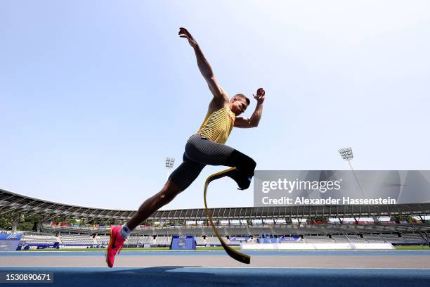 Markus Rehm of Germany jumps during a filming session in the break of day three of the Para Athletics World Championships Paris 2023 at Stade...