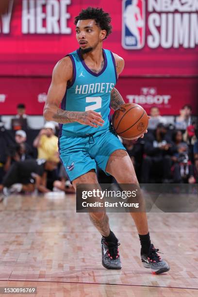 James Bouknight of the Charlotte Hornets handles the ball during the 2023 NBA Las Vegas Summer League on July 13, 2023 at the Cox Pavilion in Las...