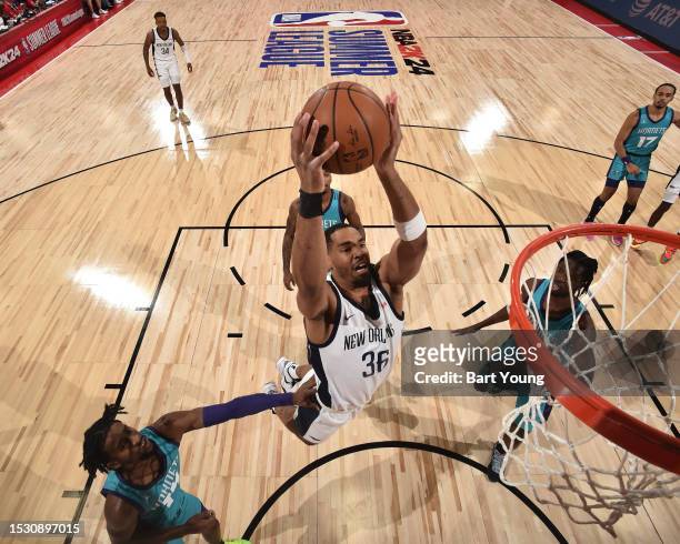 Garrison Brooks of the New Orleans Pelicans drives to the basket during the 2023 NBA Las Vegas Summer League on July 13, 2023 at the Cox Pavilion in...