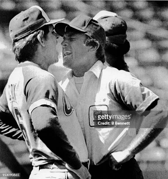 Manager Bobby Cox of the Atlanta Braves argues a call with umpire Ed Montague during the game against the San Francisco Giants on September 13, 1979...